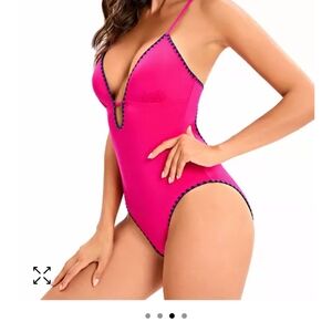 Lucky Brand One-piece swim suit in bright pink with navy trim in size medium